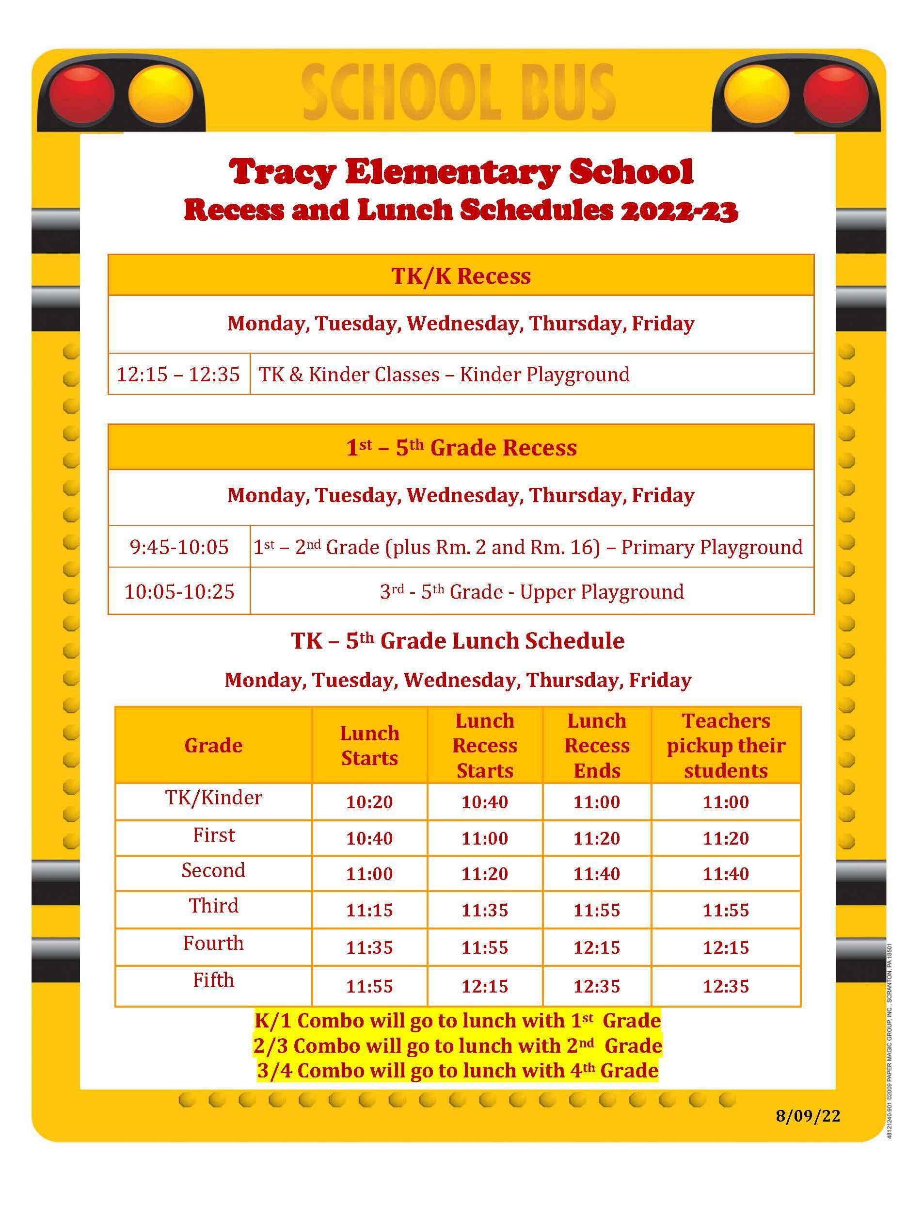 Recess And Lunch Schedule Recess And Lunch Schedule Tracy Elementary