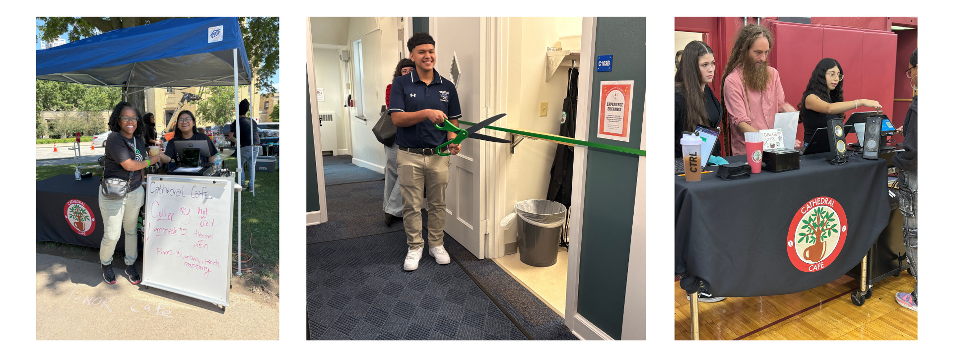Students serving and making coffee. A student cutting the ribbon of the new cafe.