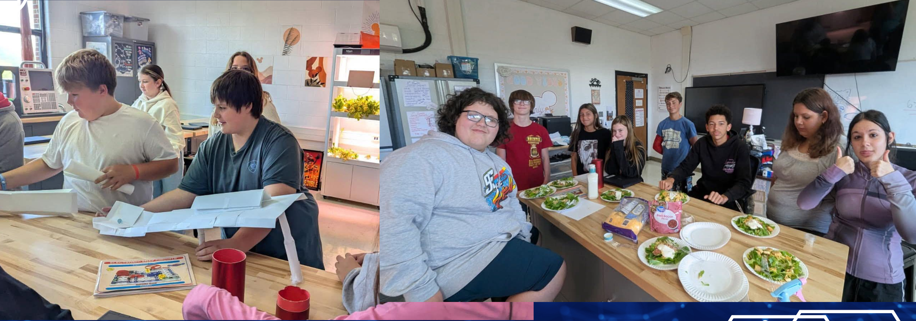 Students in tech lab and having a meal
