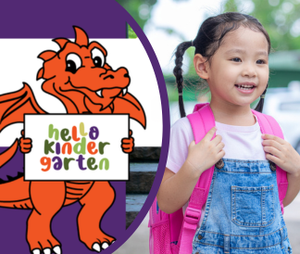 Illustrated dragon holding sign that says Hello Kindergarten