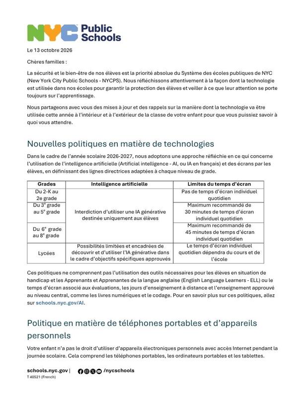 NYCPS October Technology Update for families. French 1