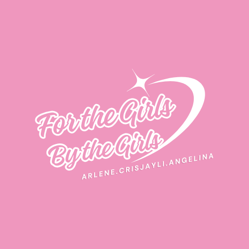 Pink background; white cursive title “For the Girls / By the Girls”; small names below; white heart arc.