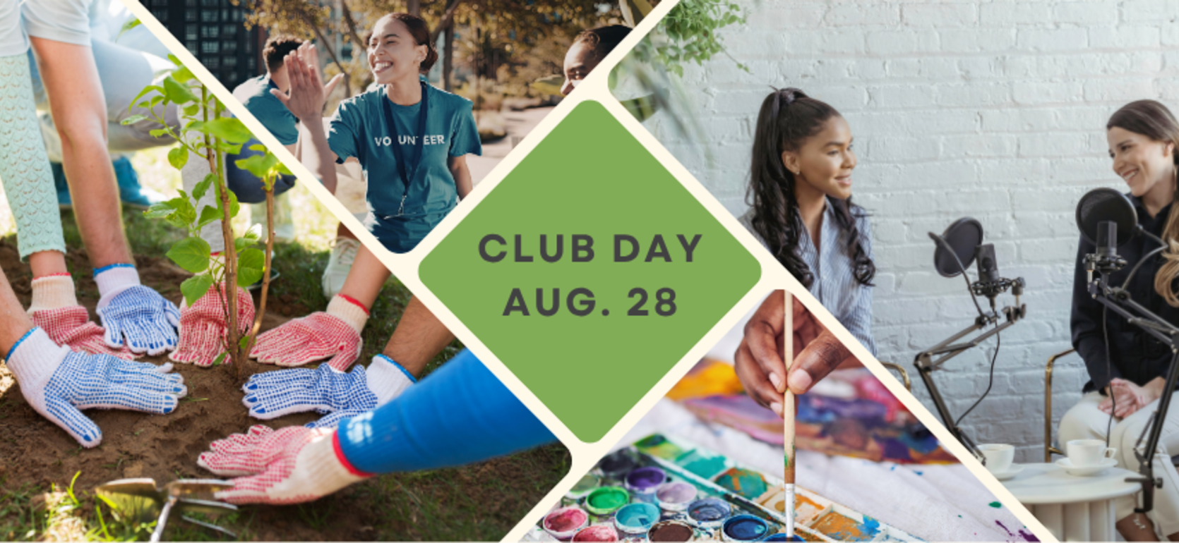 Collage of club activities: gardening, painting, and discussions.