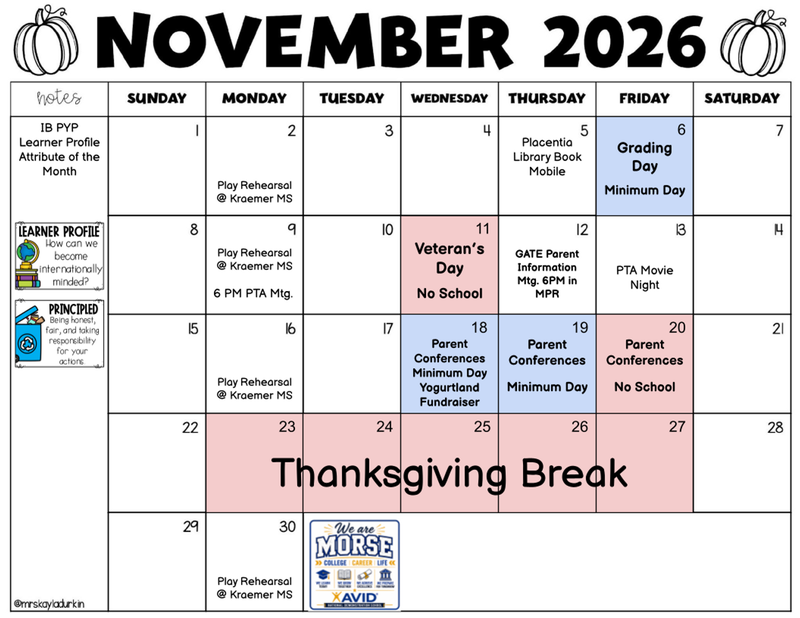 November 2026 Calendar Highlights