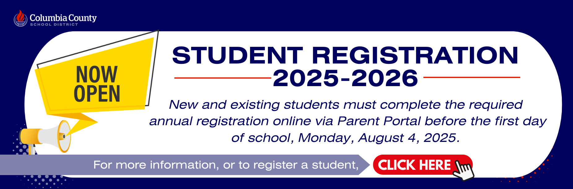 Now open announcement for student registration 2025-2026 with information for online registration.