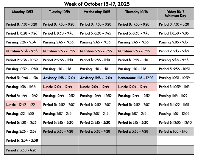 Oct. 13 Weeky Bell Schedule