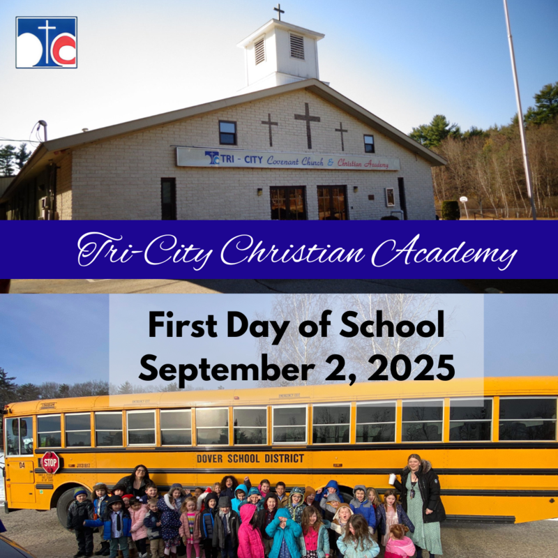 Image shows children in front of a school bus with the text "First Day of School: September 2, 2025"