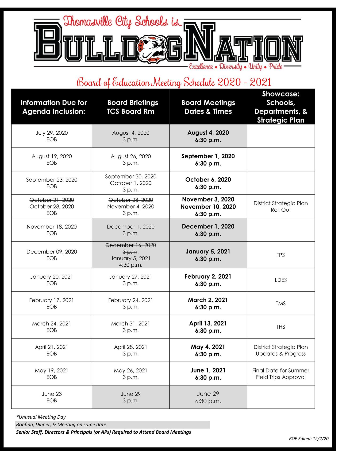 Board of Education Meeting Schedule