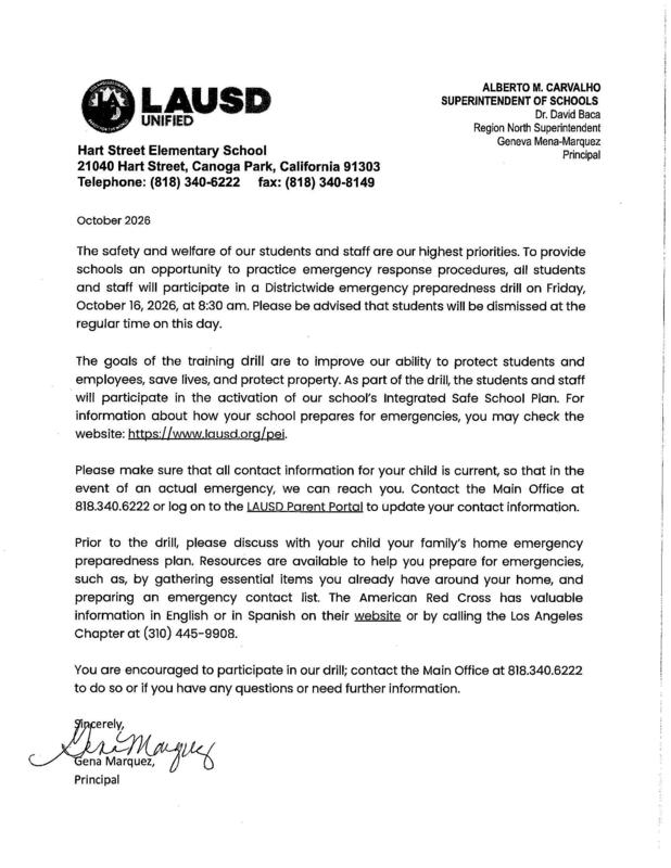 Districtwide Emergency Preparedness Drill on Friday, October 16, 2026, at 8:30 AM.