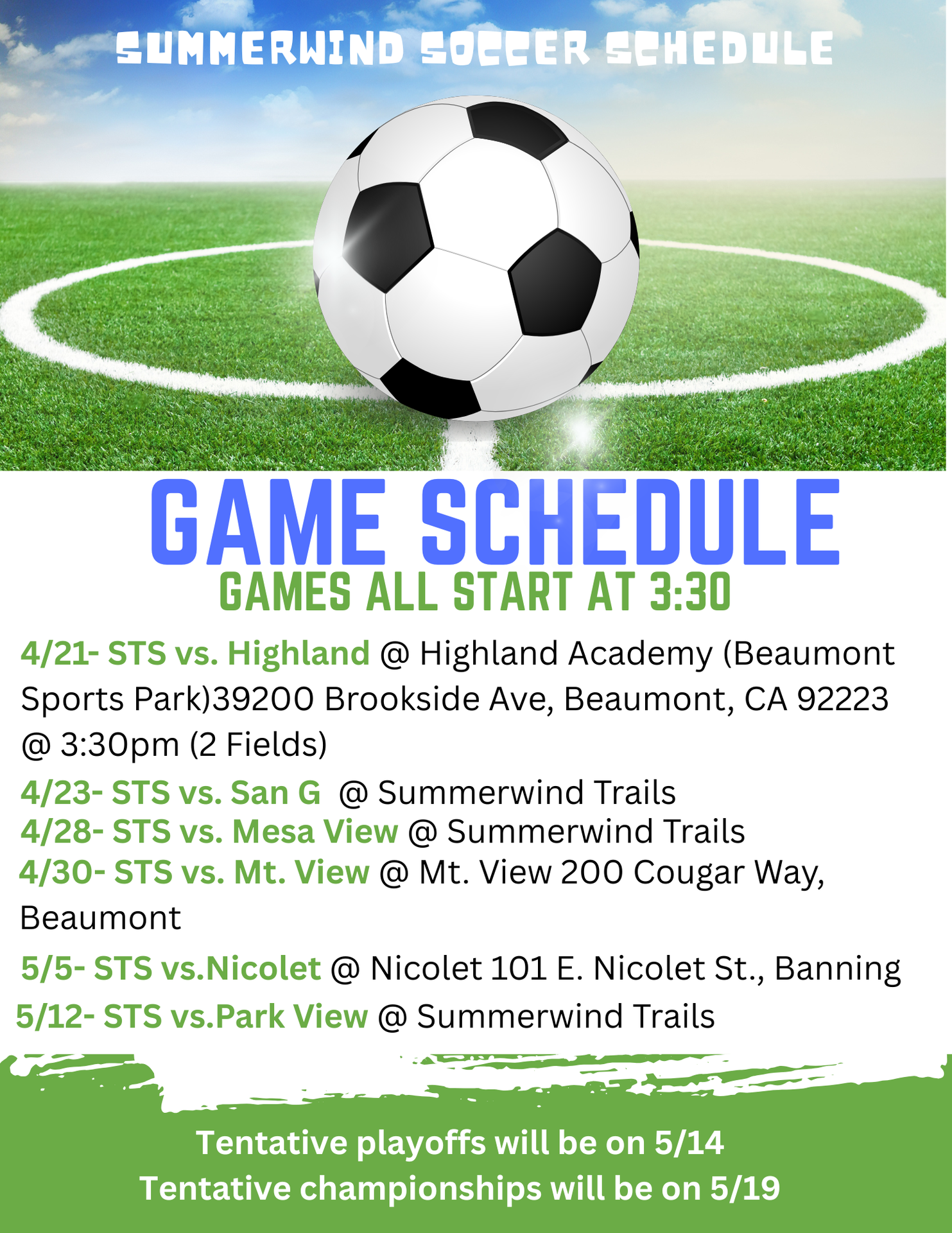 Soccer schedule for games