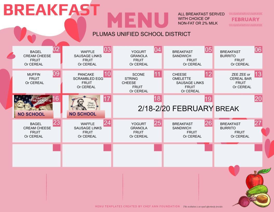 February 2026 Breakfast menu