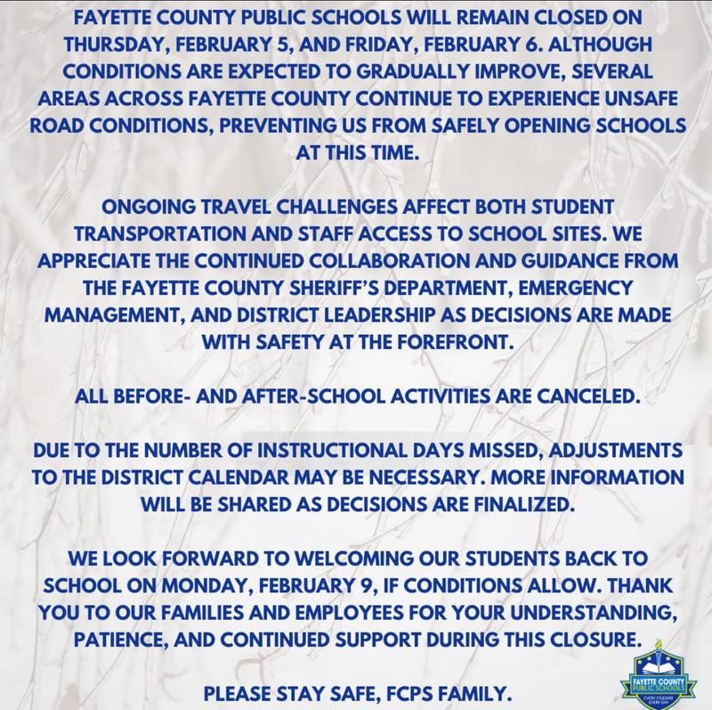 Fayette County Schools remain closed due to inclement weather!!! Thumbnail Image