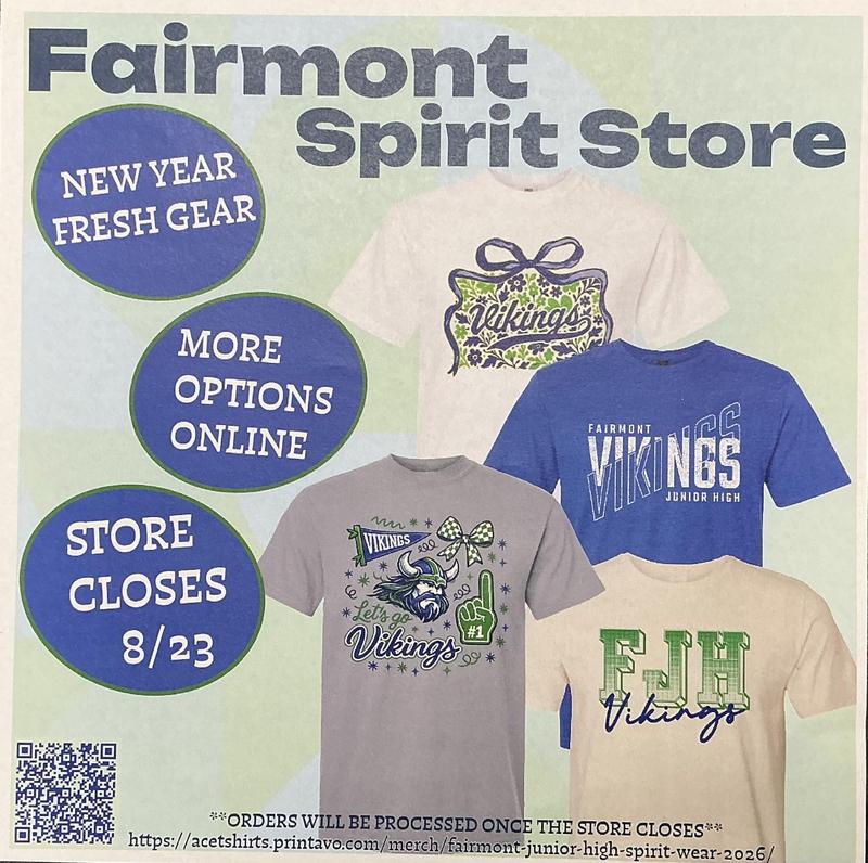 Graphic promoting school spirit wear sales with images of school-themed shirts and apparel available for purchase online.