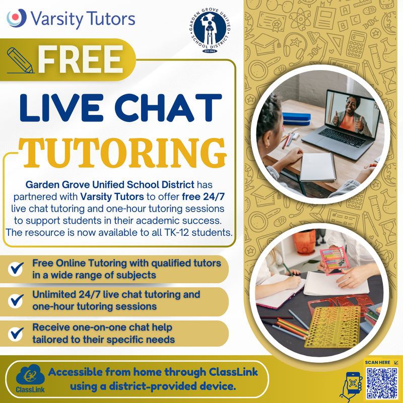 Free Live Chat Tutoring offered by GGUSD partnering with Varsity Tutors