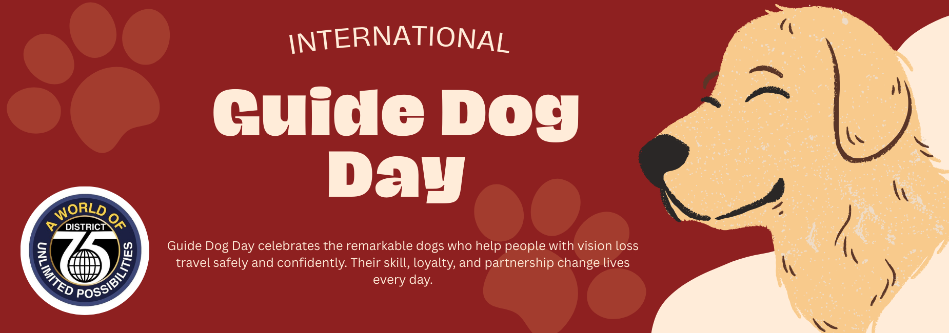Graphic celebrating International Guide Dog Day with a dog illustration.