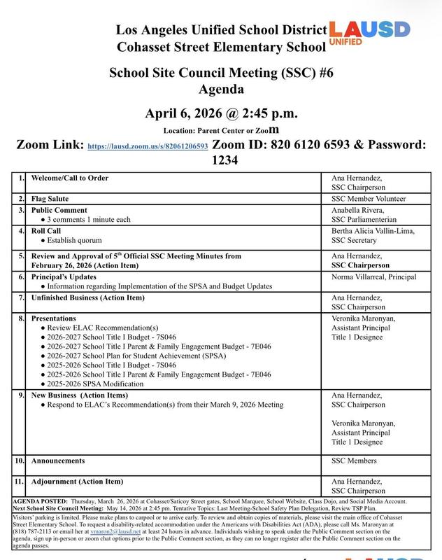 Please review the SSC meeting agenda. Por favor rden del día de la reunión del SSC