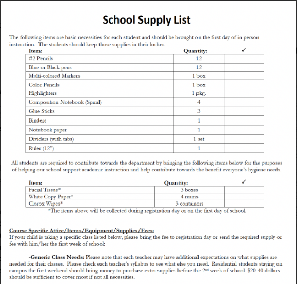 A school supply list with tables listing needed supplies