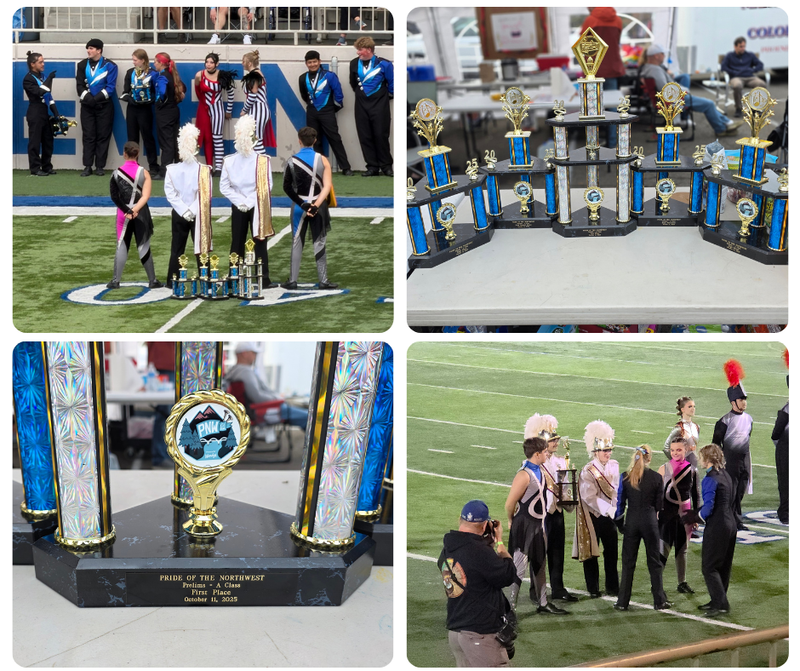 Trophies and members of the band/color guard on the field