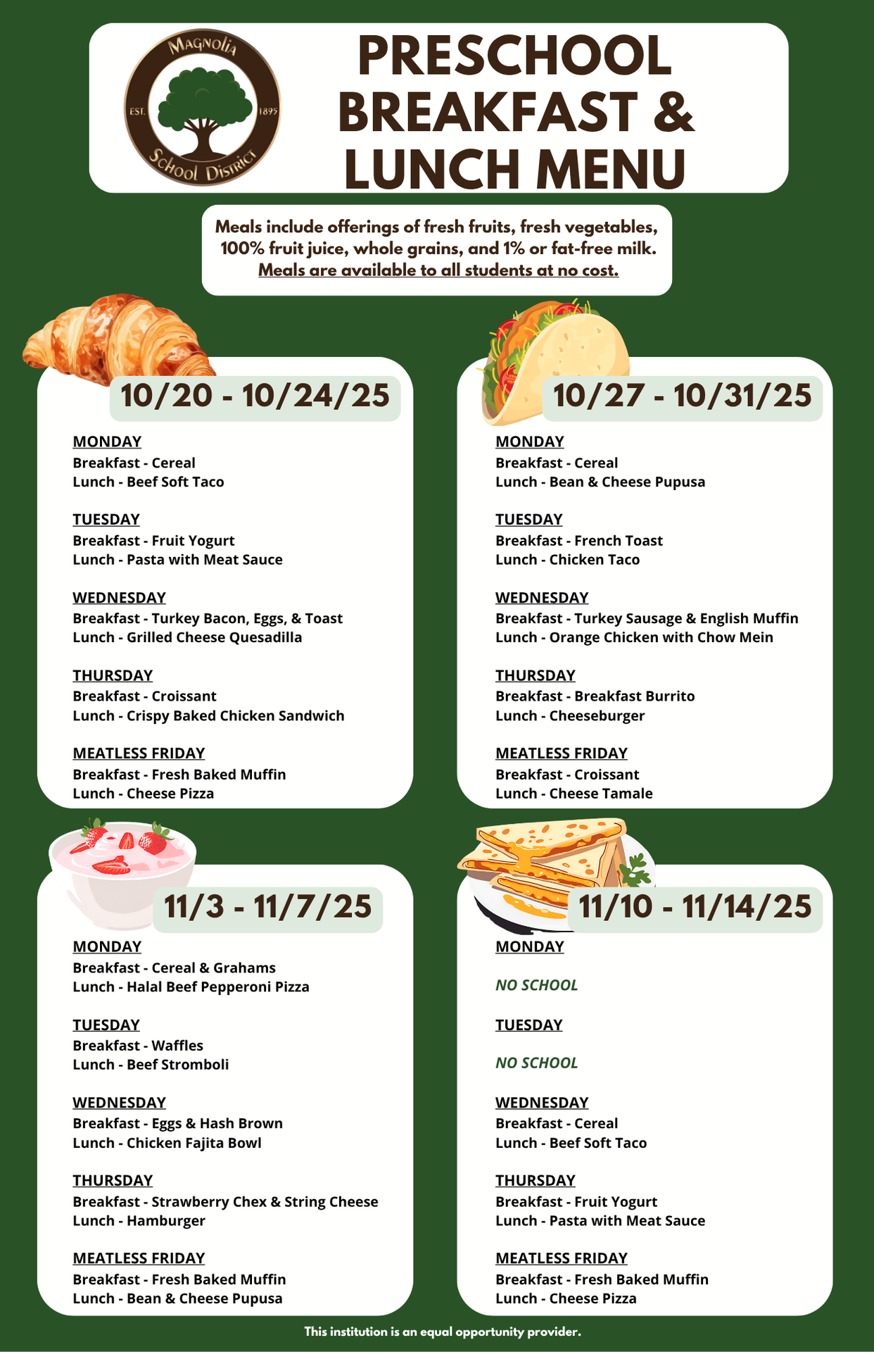 Preschool Breakfast and Lunch Menu for OCT-NOV 2025