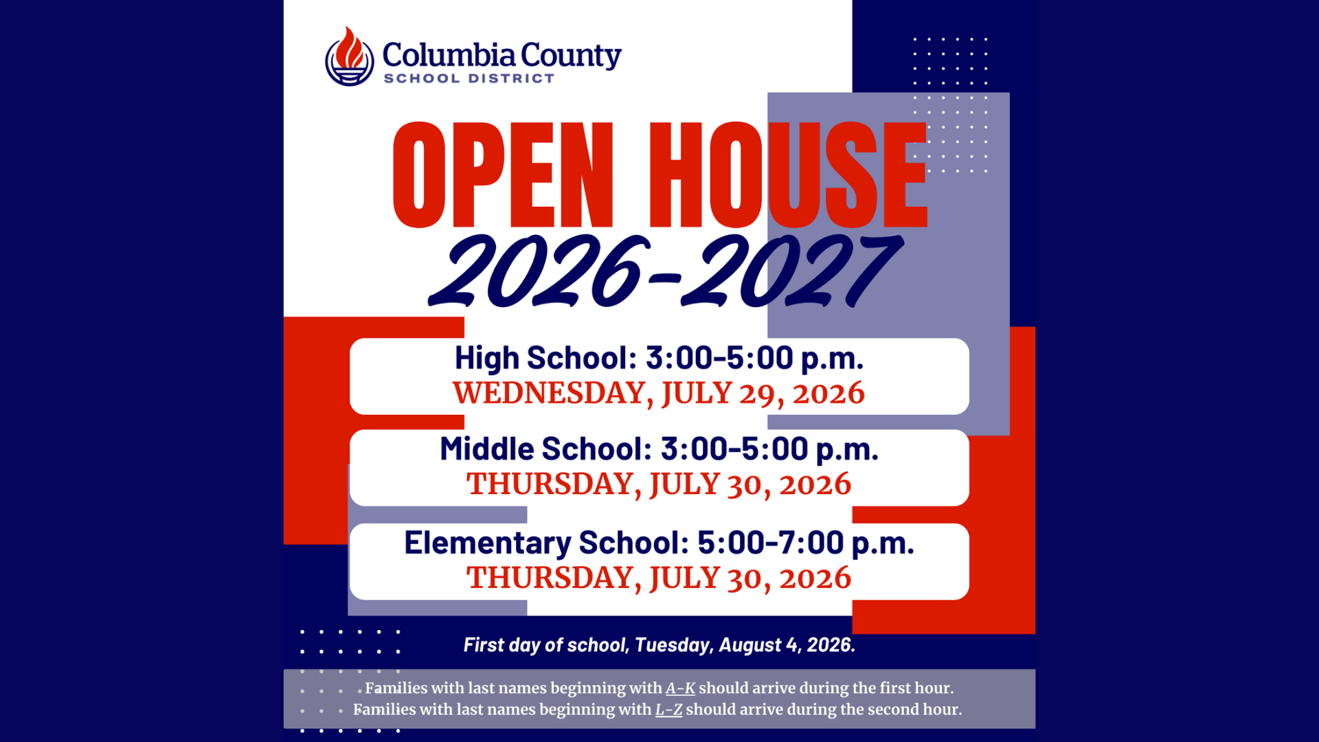 Open house event schedule for Columbia County School District.