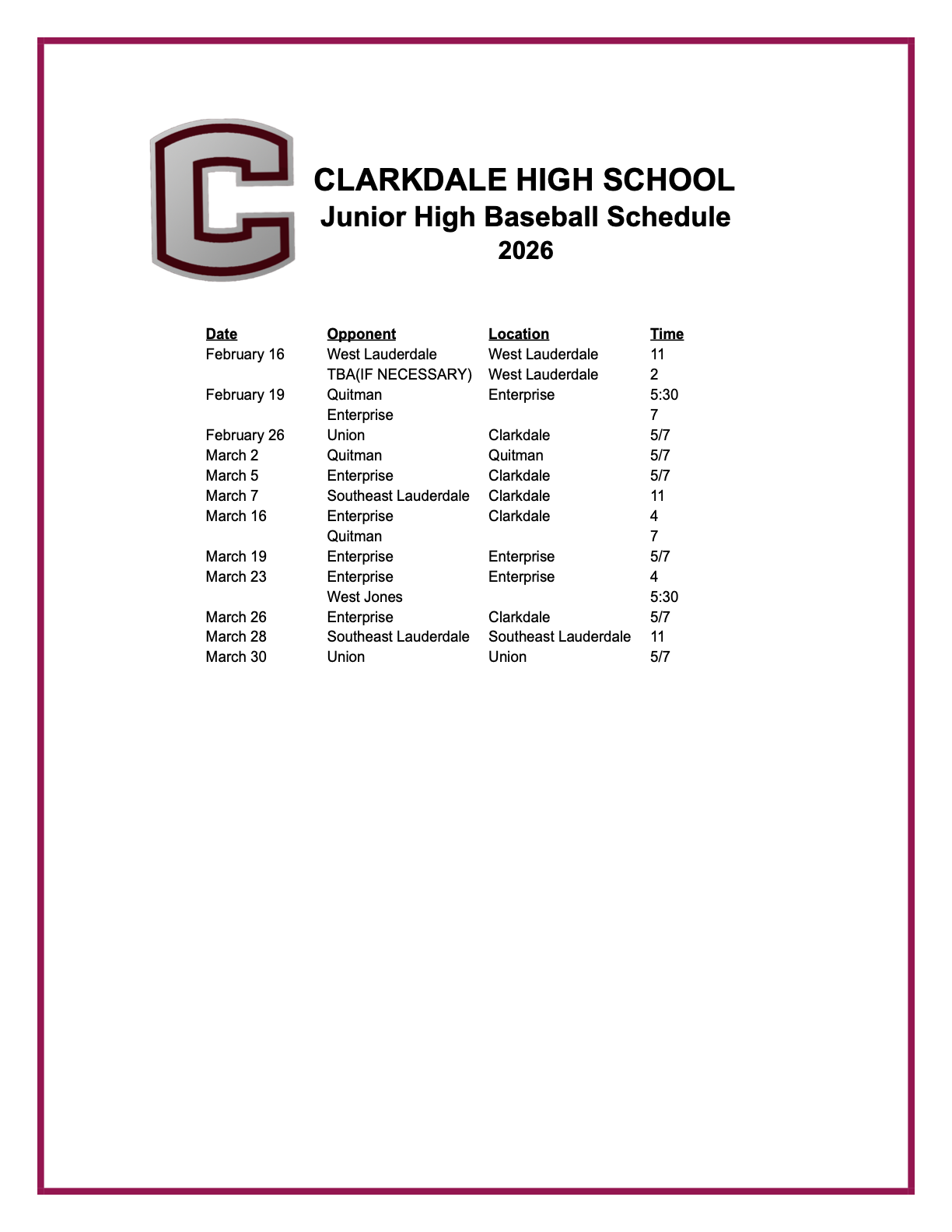 Junior High Schedule for 2026