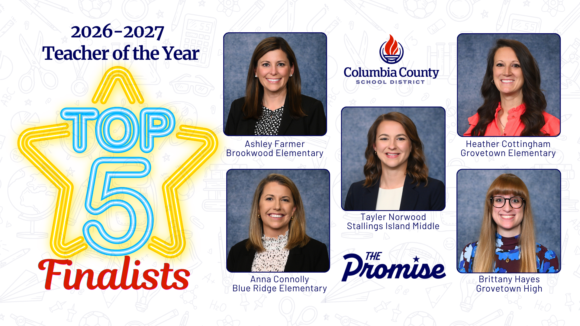 Five finalists for Teacher of the Year with names and school affiliations.