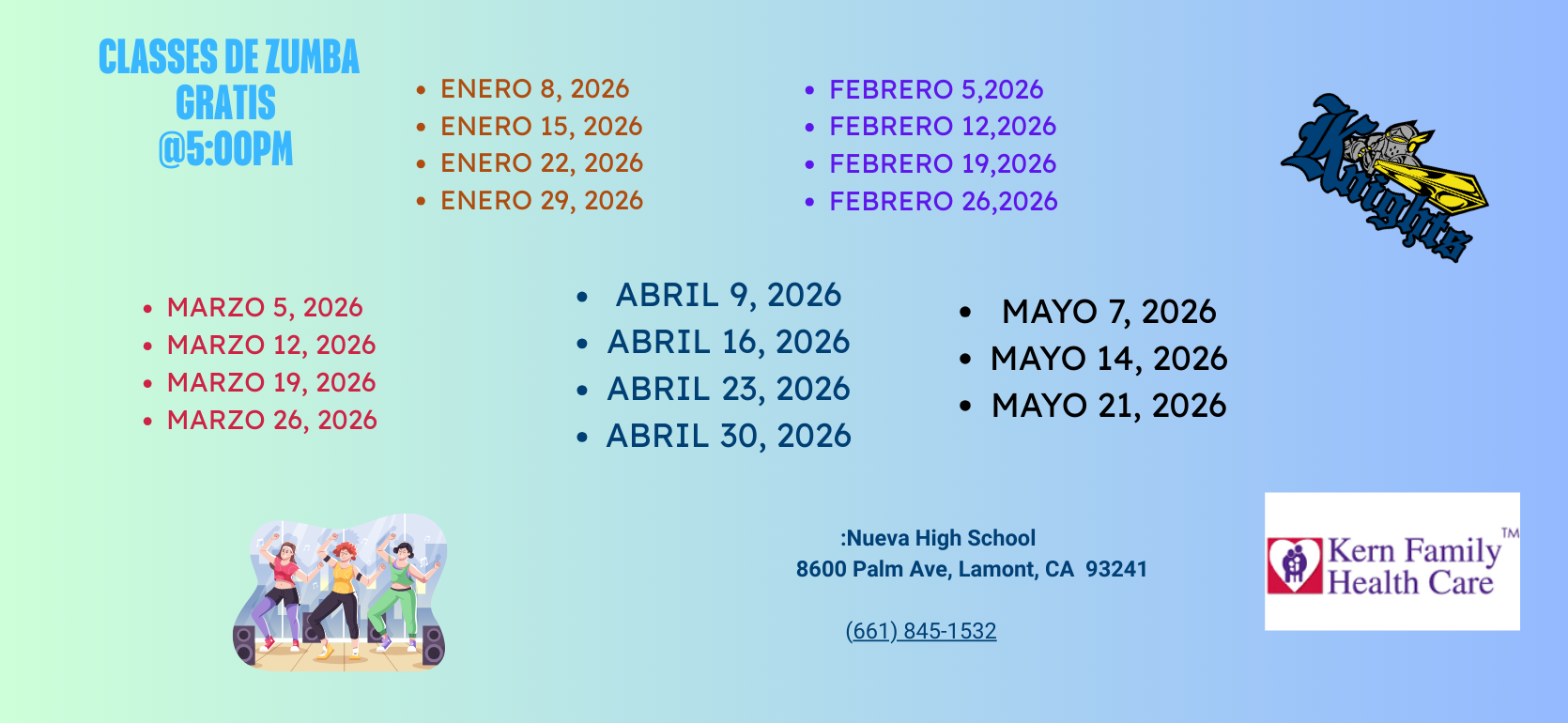 Zumba class schedule with dates and locations, featuring colorful graphics and text.