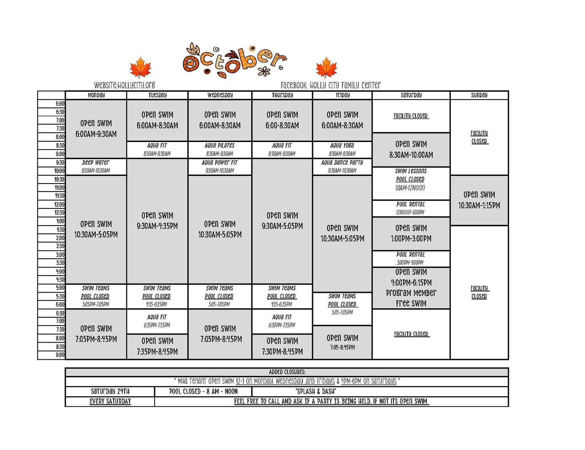 October Pool Schedule