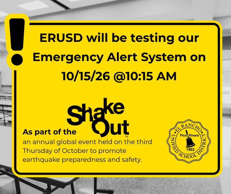 Yellow alert graphic: ERUSD Emergency Alert System test, 10/15/26 at 10:15 AM.