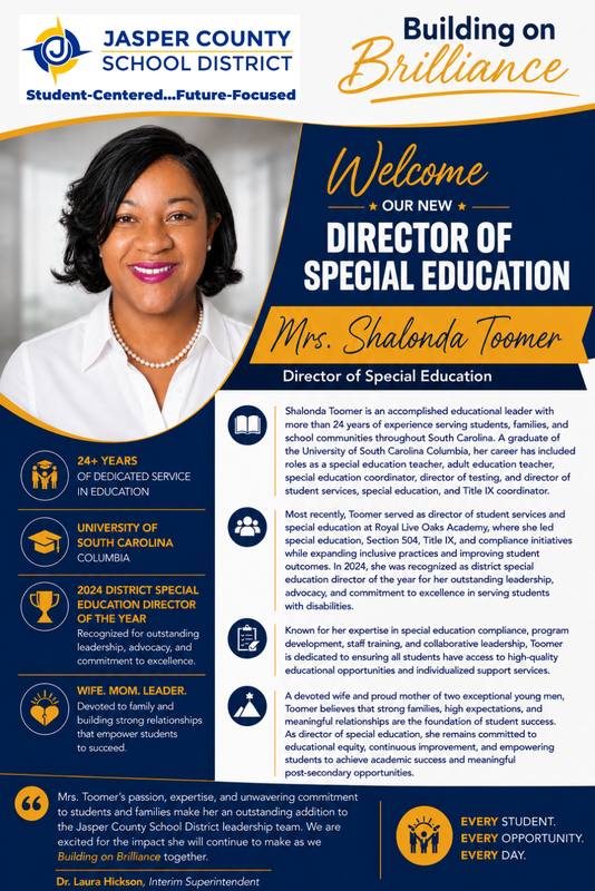 Please join us in welcoming Mrs. Shalonda Toomer as the Jasper County School District's new Director of Special Education! Featured Photo