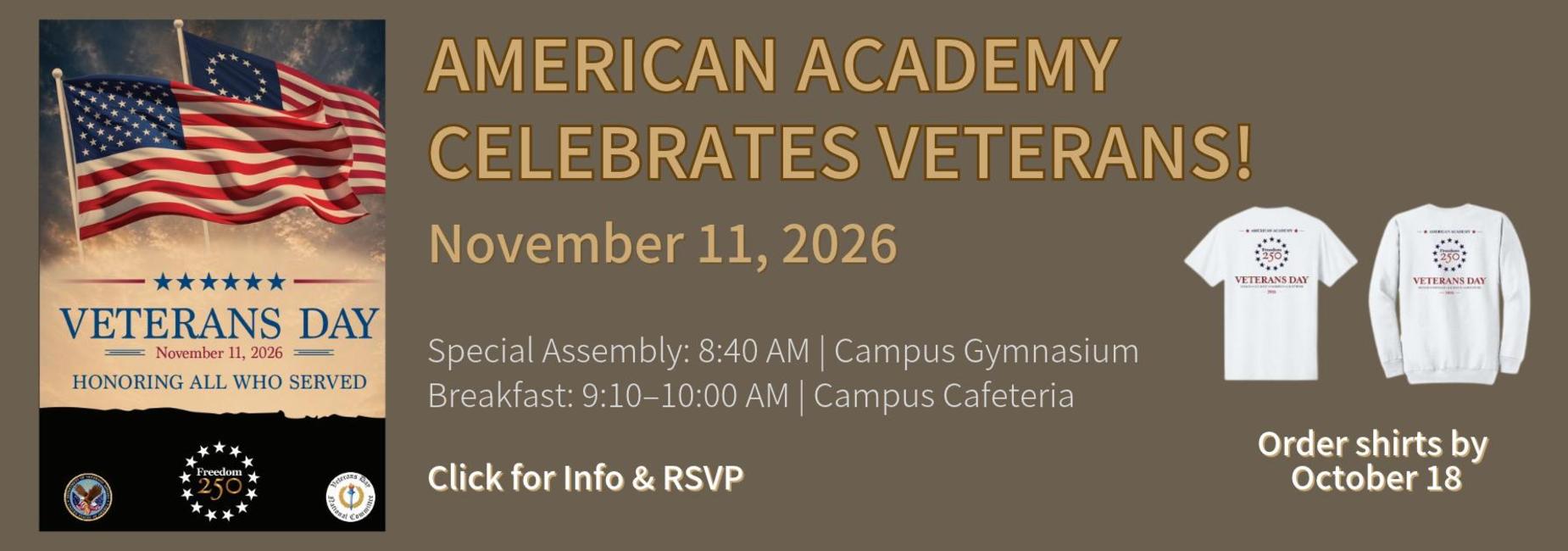 Event poster for Veterans Day with flags and details about the assembly and breakfast.