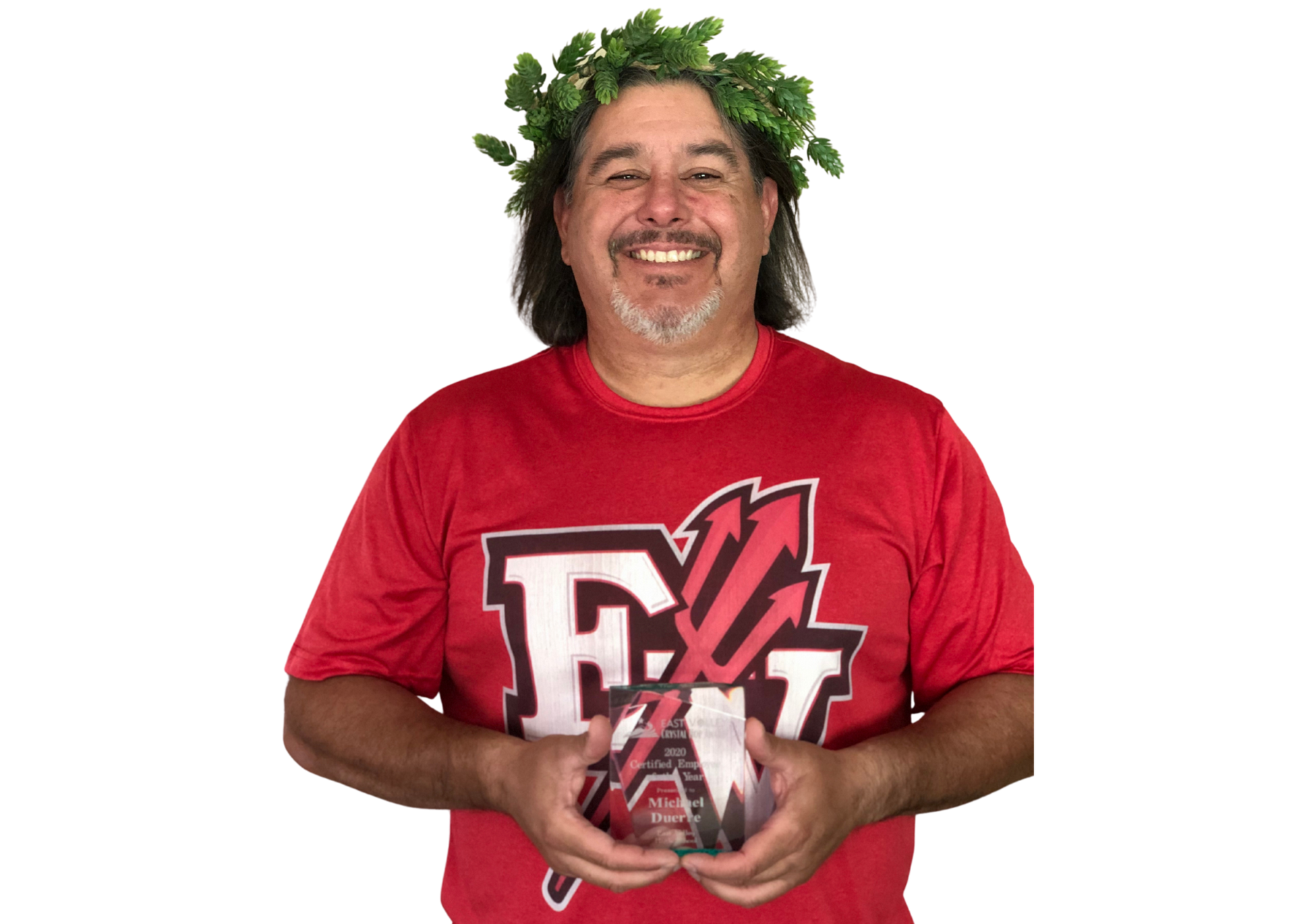 Mike Duerre wearing hop crown and holding hop plaque.