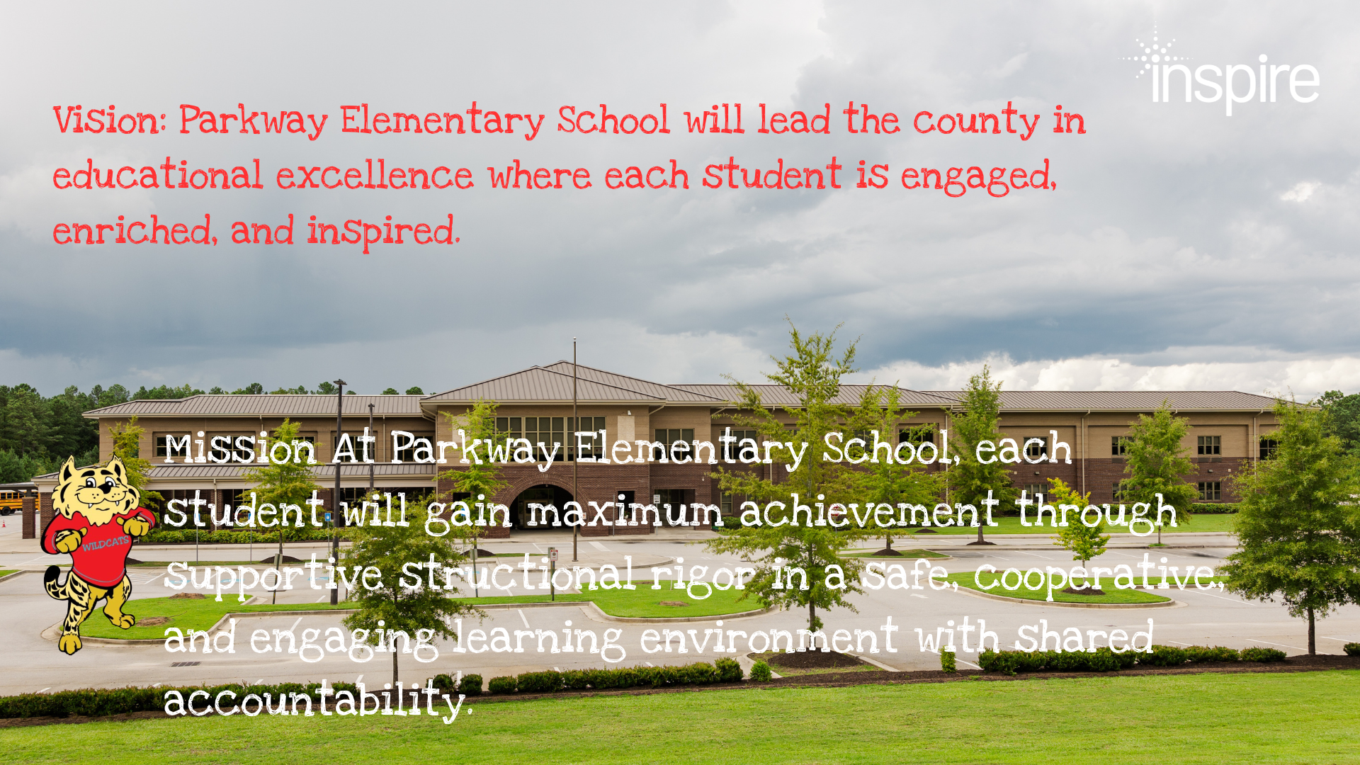 Exterior view of Parkway Elementary School with its mission and vision statements displayed.