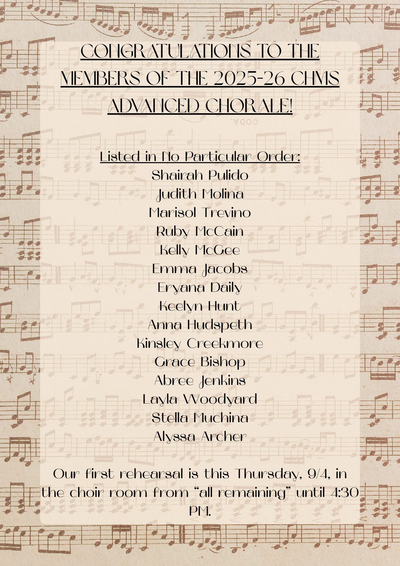 Advanced Chorale Audition Results