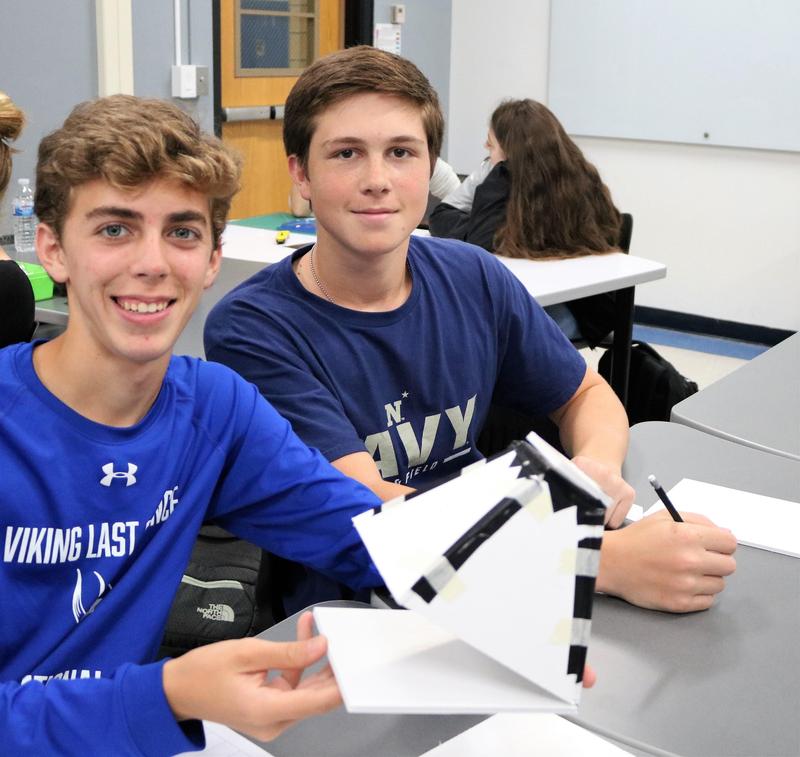 Westfield High School senior James Peretz (left) and junior Thomas Davis design and build a pinhole camera in Engineering and Design, a new course offering based on hands-on, project-based learning.