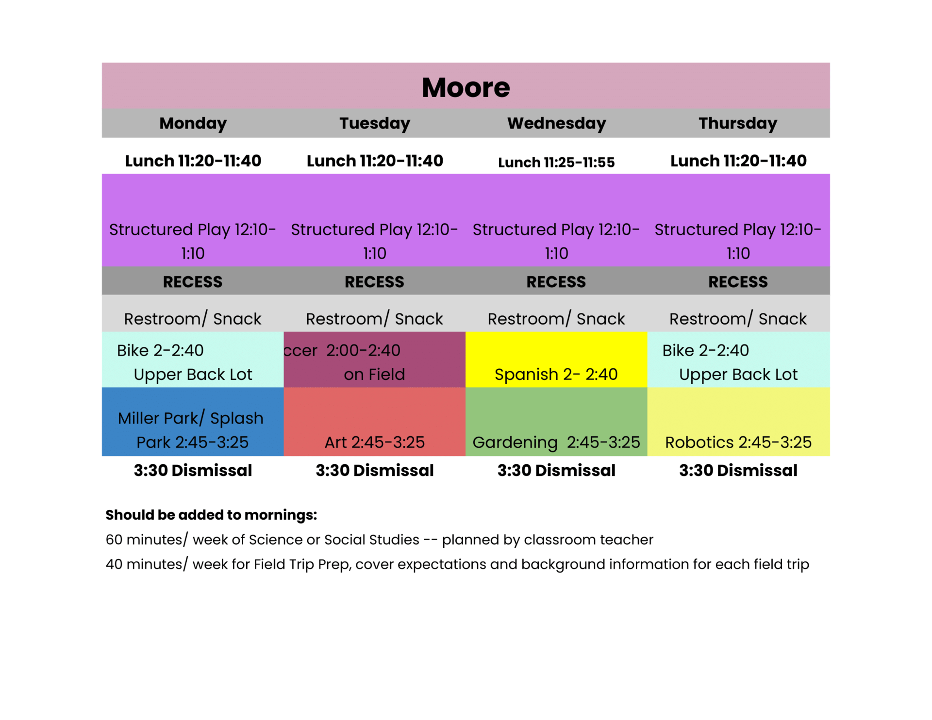 Graphic shows the summer schedule with different colors for each activity.