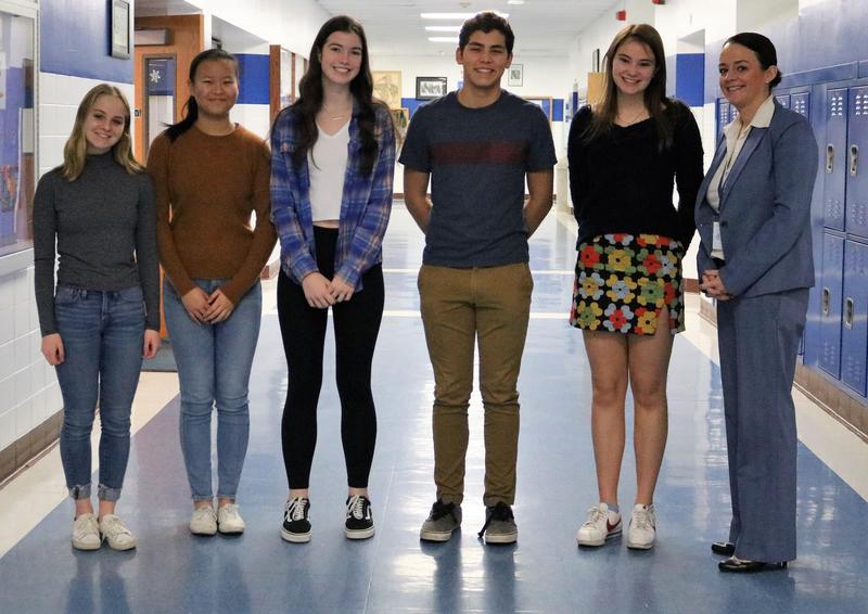 Photo of 5 WHS students who achieved perfect scores on Oct-Nov ACT & SAT. Pictured with principal Mary Asfendis.