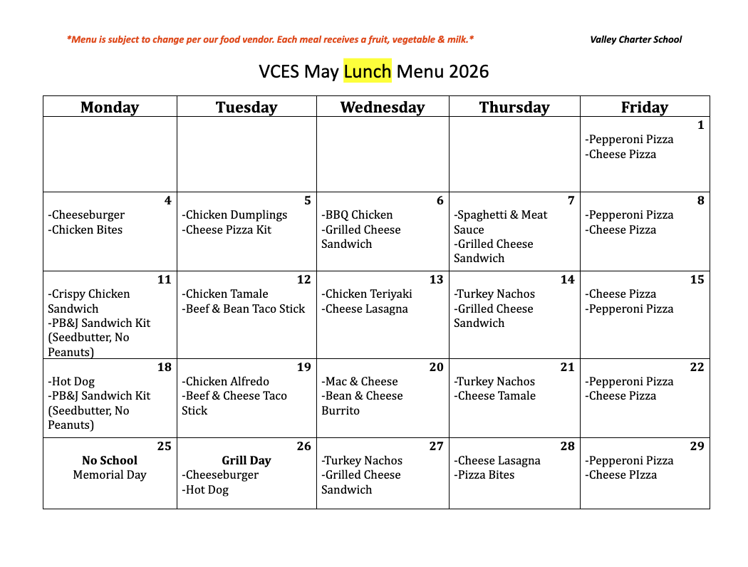 valley charter elementary school monthly lunch menu