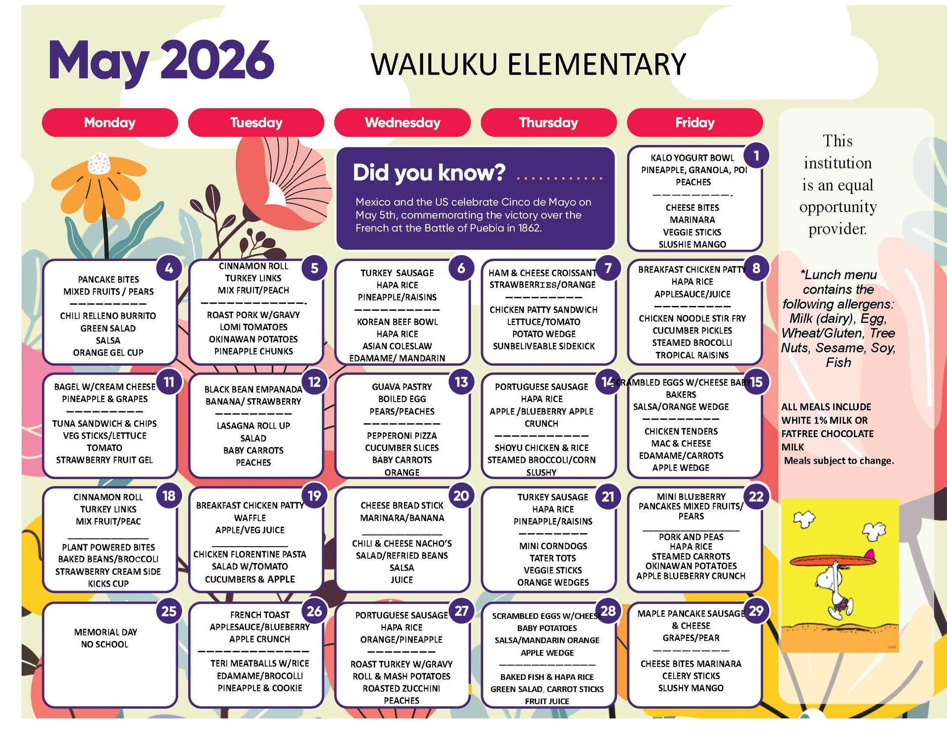 Monthly calendar for May 2026 at Wailuku Elementary with events listed.