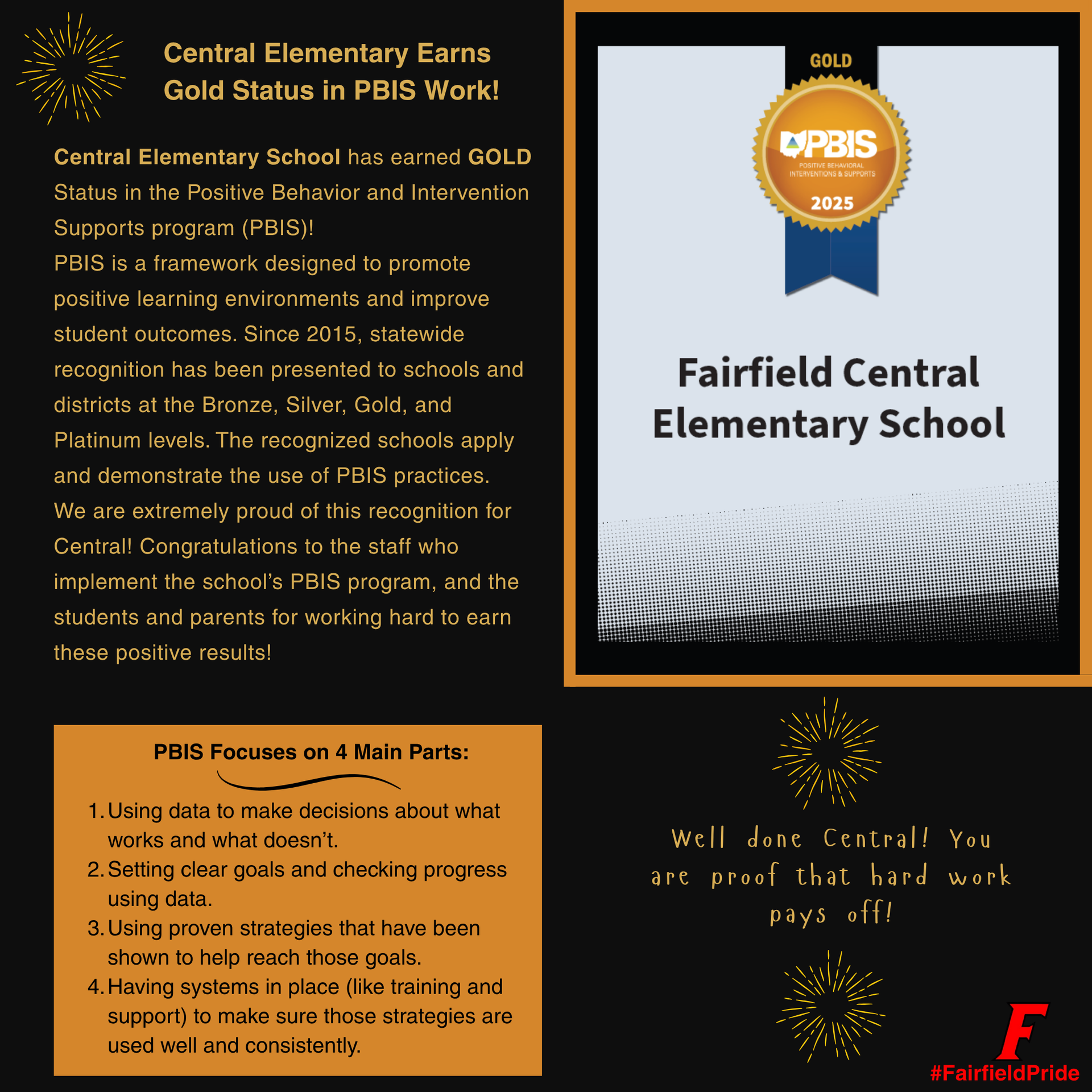 Central's announcement about its recognition for its work with PBIS.