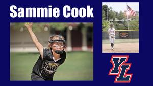 A young softball player pitches energetically, wearing a dark jersey and face guard. Another image shows her on the field. "Sammie Cook" and "YL" logos are displayed.