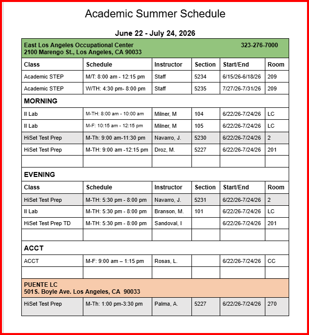 Summer Academic Schedule