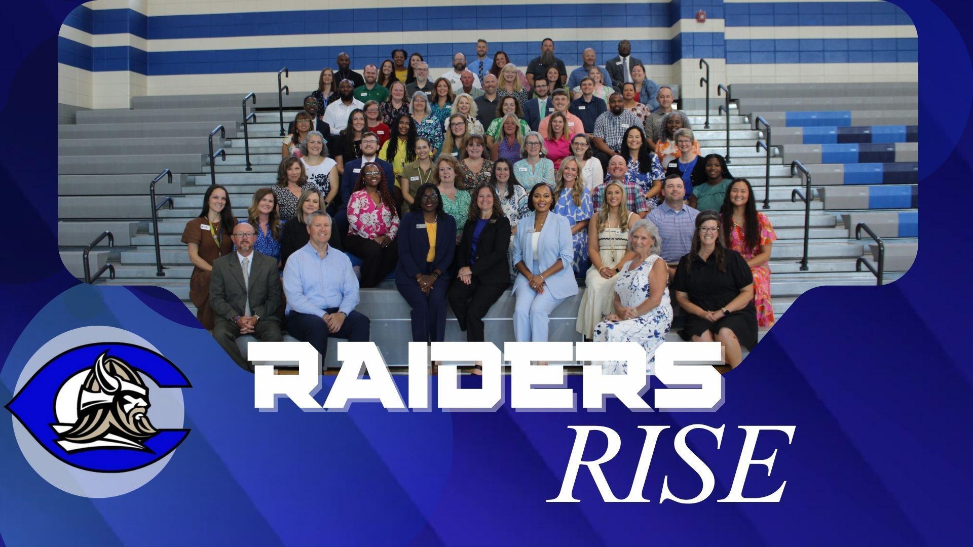 Group photo of a diverse team posing together on bleachers with text 'RAIDERS RISE'.