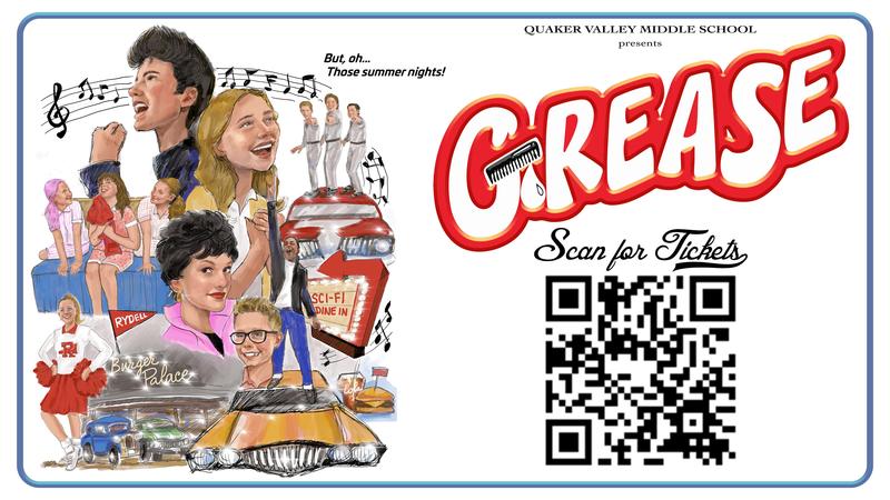 Image depicts a sketch of a poster for QVMS's Grease production. Images are sketches of characters played by MS students.