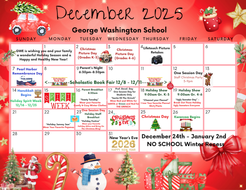 Washington School December 2025 Calendar