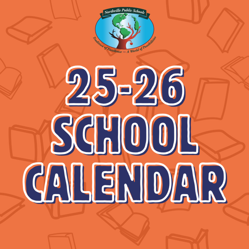 Orange background with blue letters spotlighting the 25-26 school calendar
