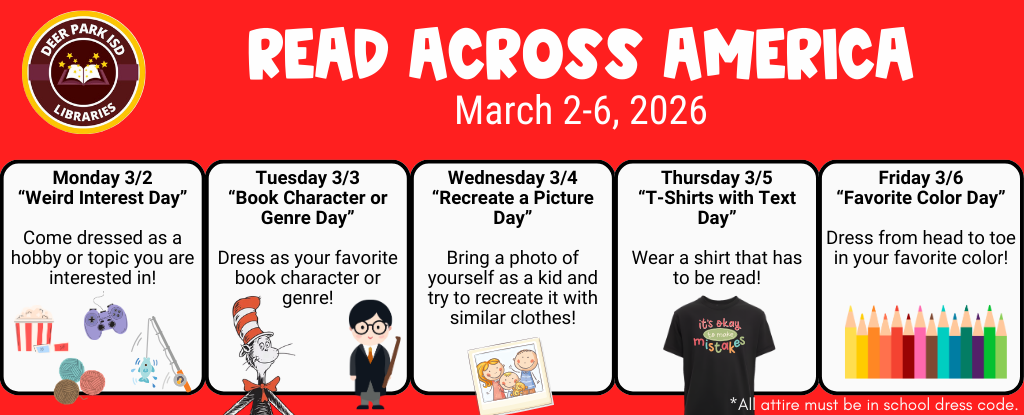 Event schedule for Read Across America, March 2-6, 2026.