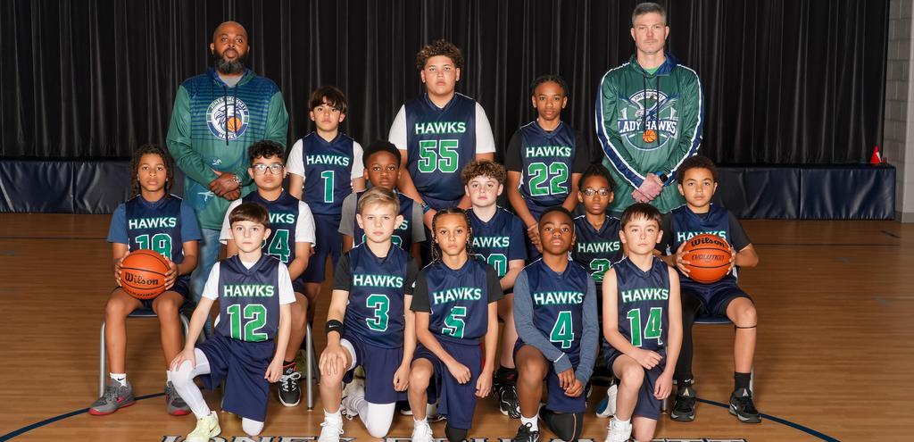Youth basketball team posing together on a court with uniforms and basketballs.