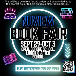 Black flyer with neon "lights"- neon white, blue, and pink lettering and neon shaped books.