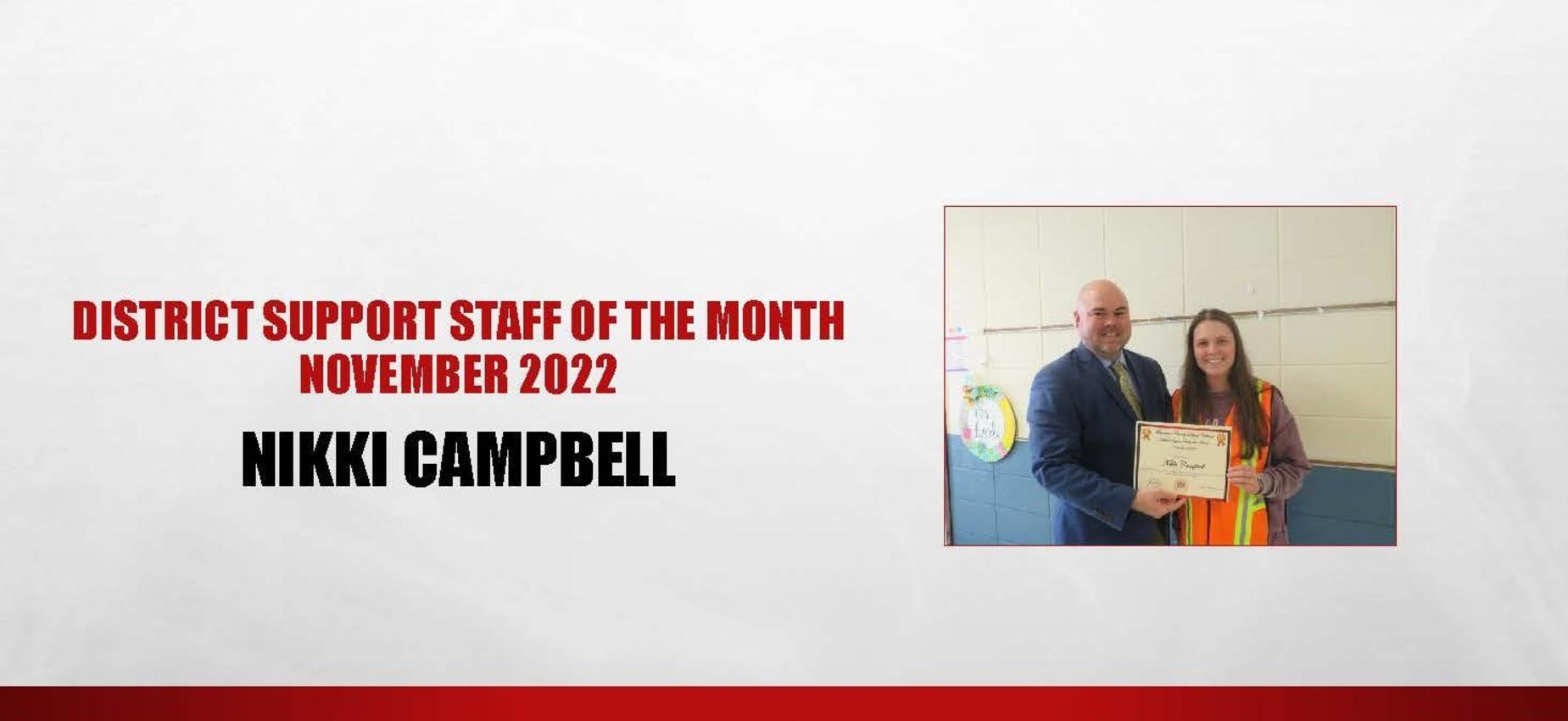 District Support Staff of the Month November 2022 Nikki Campbell